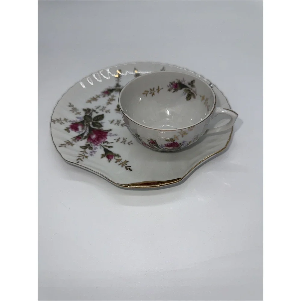 Japanese Moss Rose Seashell Snack Plate Gold‎ Trim Plates And Cups.